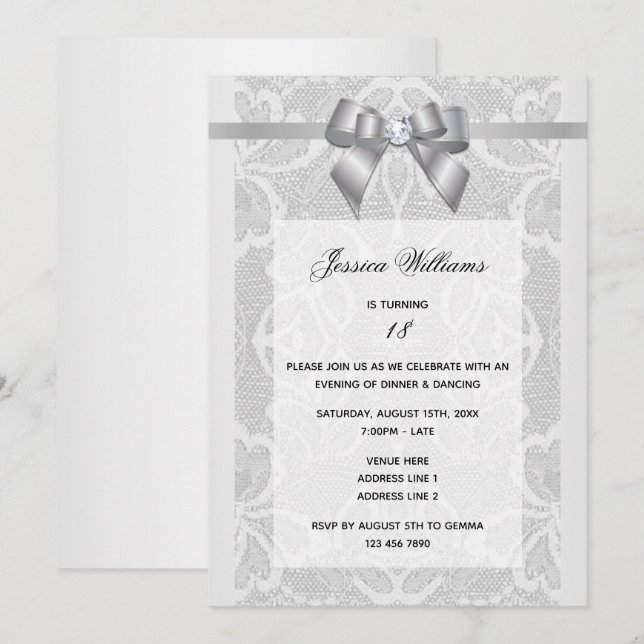 Stylish Silver Bow & Lace Birthday Invitation (Front/Back)