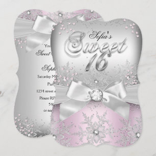 Stylish Silver Bow Pink Jewel Sweet Sixteen Invite