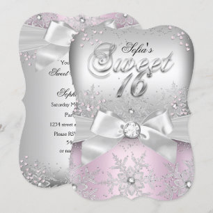 Stylish Silver Bow Pink Jewel Sweet Sixteen Invite