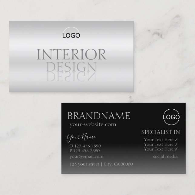Stylish Silver Chic Mirror Font with Logo Modern Business Card (Front/Back)