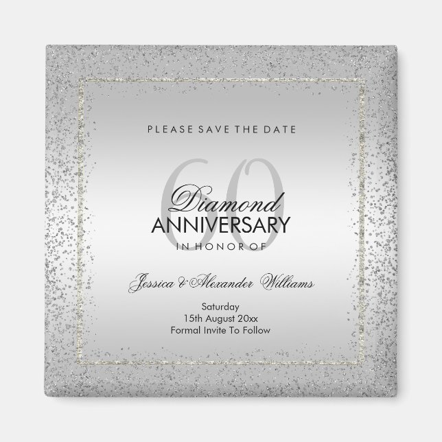 Stylish Silver Confetti 60th Wedding Save The Date Magnet (Front)