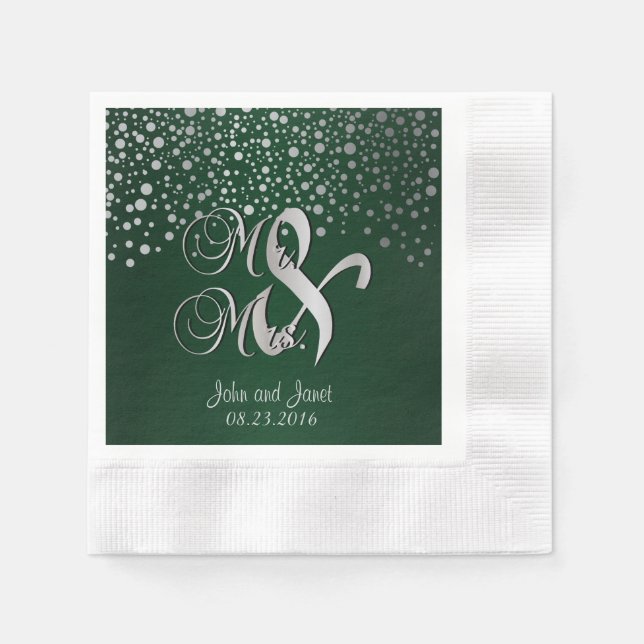 Stylish Silver Confetti Dots | Deep Dark Green Napkin (Front)