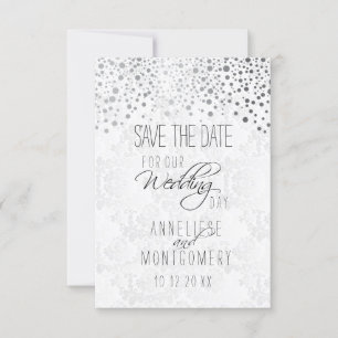 Stylish Silver Confetti Dots   White Texture Save The Date