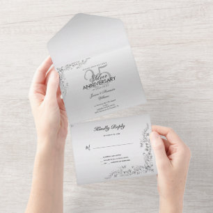 Stylish Silver Decoration 25th Wedding Anniversary All In One Invitation