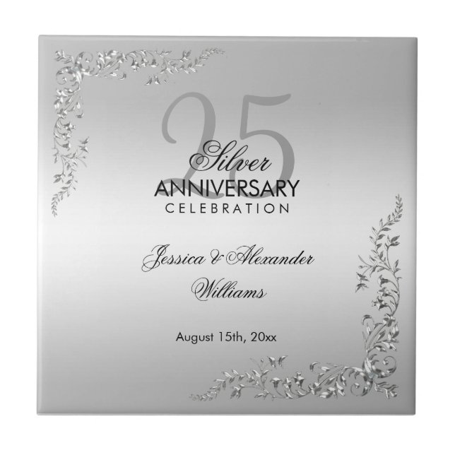 Stylish Silver Decoration 25th Wedding Anniversary Ceramic Tile (Front)