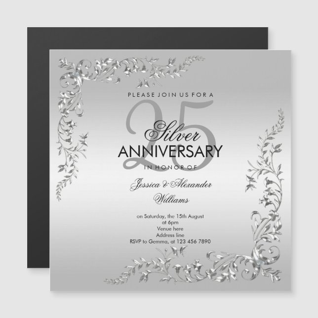 Stylish Silver Decoration 25th Wedding Anniversary Magnetic Invitation (Front/Back)