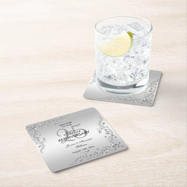 Stylish Silver Decoration 25th Wedding Anniversary Square Paper Coaster (Insitu)