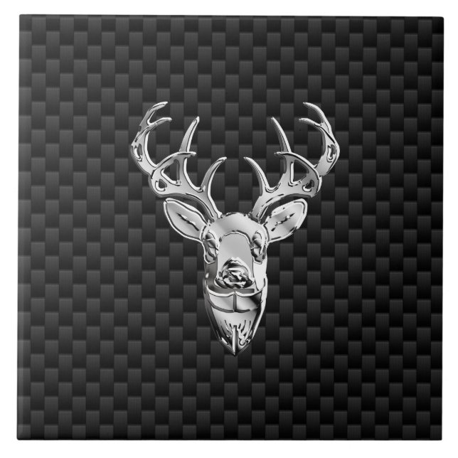 Stylish Silver Deer on Carbon Fibre Ceramic Tile (Front)