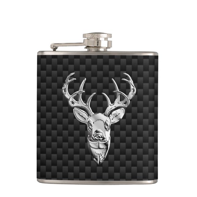Stylish Silver Deer on Carbon Print Hip Flask (Front)