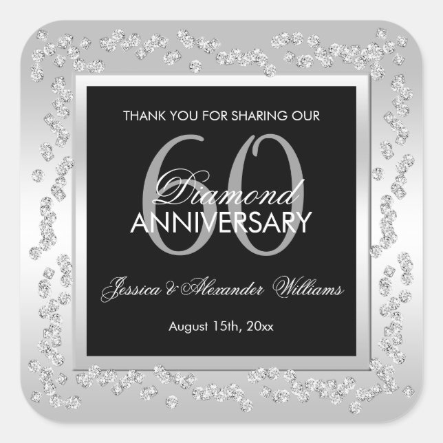 Stylish Silver Diamonds 60th Wedding Anniversary Square Sticker (Front)