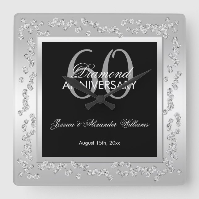 Stylish Silver Diamonds 60th Wedding Anniversary Square Wall Clock (Front)