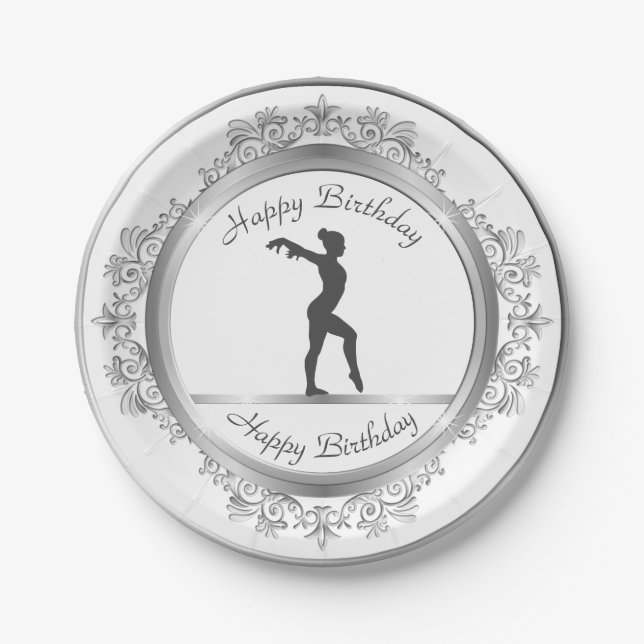 Stylish Silver Embellished Gymnastics Birthday Paper Plate (Front)