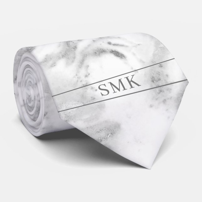Stylish Silver Foil Classic Gray Marble Monogram Tie (Rolled)