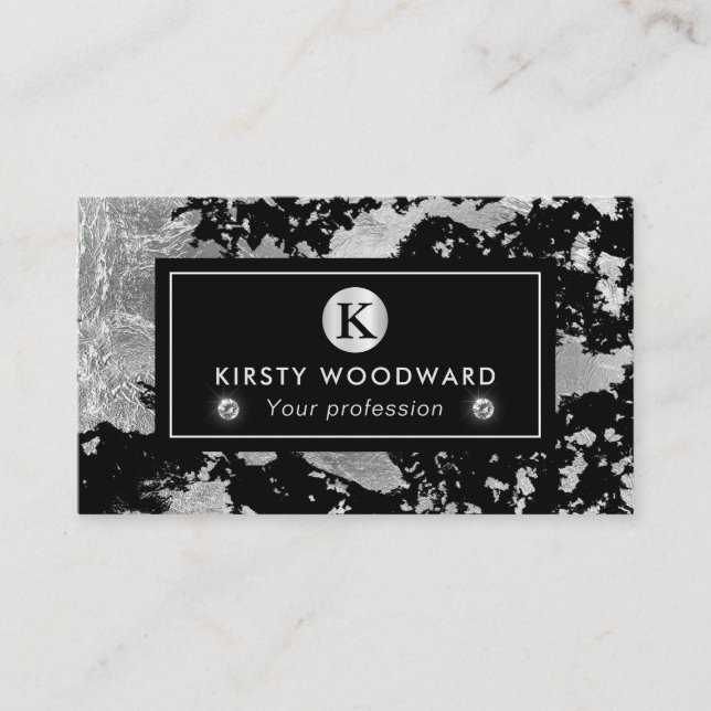 Stylish Silver Foil Flakes on Black Background Business Card (Front)
