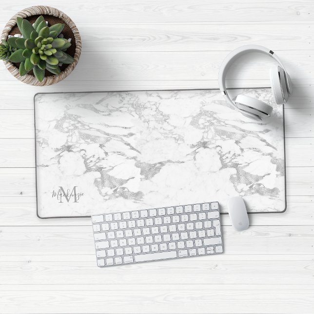 Stylish Silver Foil Marble Monogram Desk Mat (Chic Silver Foil Marble Luxury Desk Mat Mouse Pad)