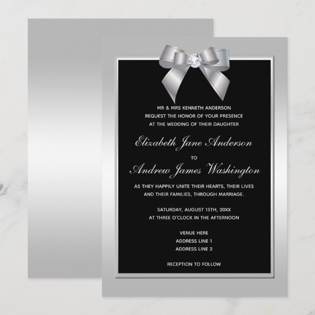 Stylish Silver Gem Bow & Black Wedding Invitation (Front/Back)