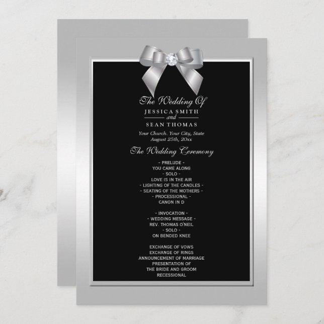 Stylish Silver Gem Bow & Black Wedding program (Front/Back)