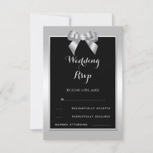 Stylish Silver Gem Bow & Black Wedding RSVP Card