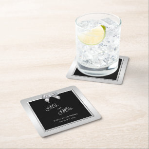 Stylish Silver Gem Bow & Black Wedding Square Paper Coaster