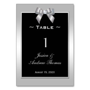 Stylish Silver Gem Bow & Black Wedding Table Number