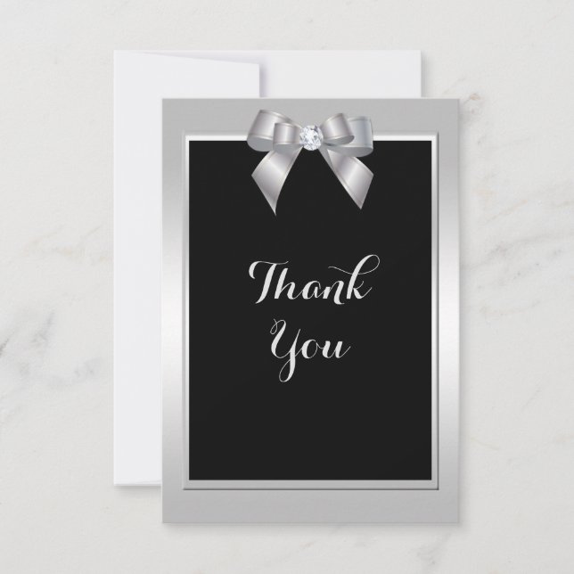 Stylish Silver Gem Bow & Black Wedding Thank You Card (Front)