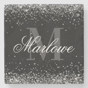 Stylish Silver Glitter Black White Monogram Stone Coaster