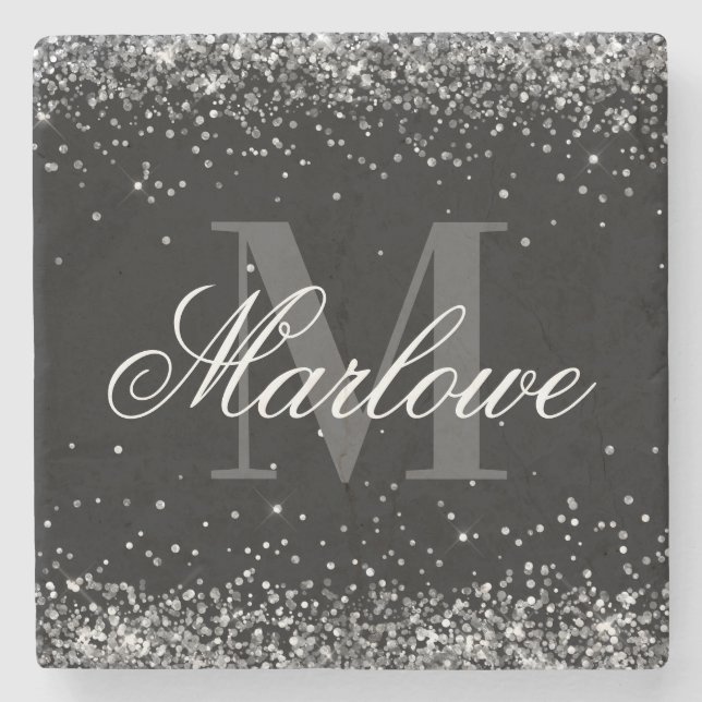 Stylish Silver Glitter Black White Monogram Stone Coaster (Front)