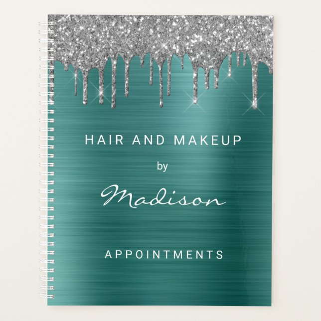 Stylish Silver Glitter Drip Green Appointments Planner (Front)