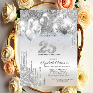 Stylish Silver Glitter Drips Balloons 25th Birthda Invitation