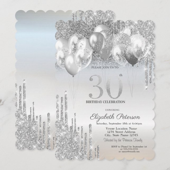 Stylish Silver Glitter Drips Balloons 30th Birthda Invitation (Front/Back)