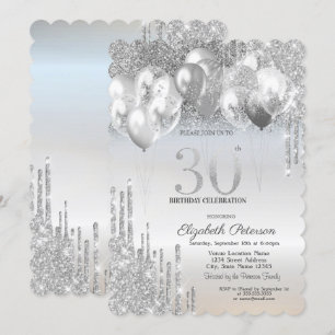 Stylish Silver Glitter Drips Balloons 30th Birthda Invitation