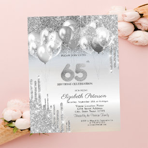 Stylish Silver Glitter Drips Balloons 65th Birthda Invitation