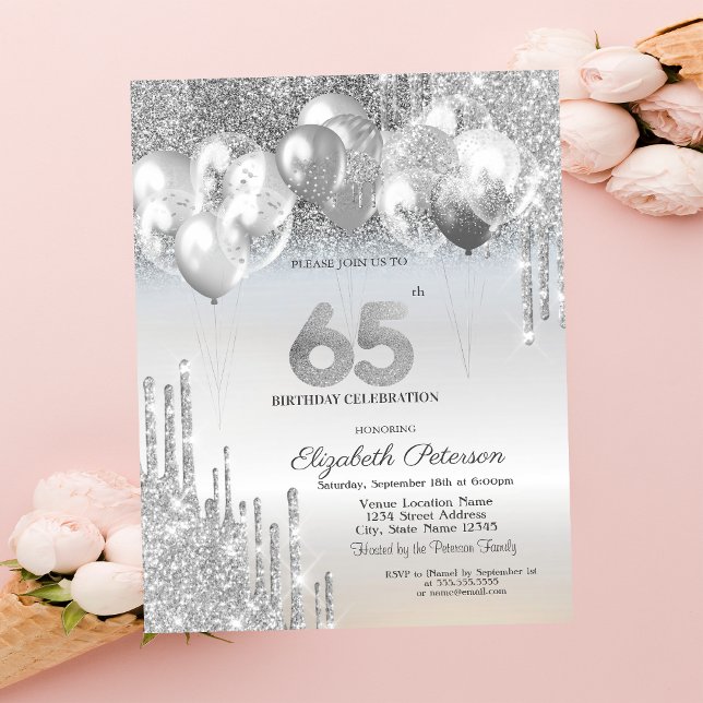Stylish Silver Glitter Drips Balloons 65th Birthda Invitation (Creator Uploaded)