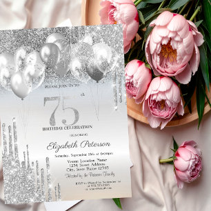 Stylish Silver Glitter Drips Balloons 75th Invitation