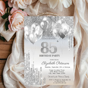 Stylish Silver Glitter Drips Balloons 85th Birthda Invitation