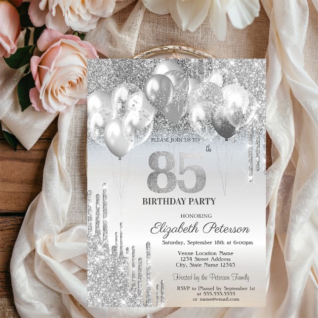 Stylish Silver Glitter Drips Balloons 85th Birthda Invitation (Creator Uploaded)