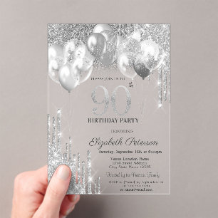 Stylish Silver Glitter Drips Balloons 90th Birthda Acrylic Invitations
