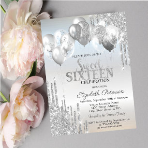 Stylish Silver Glitter Drips Balloons Sweet 16 Invitation