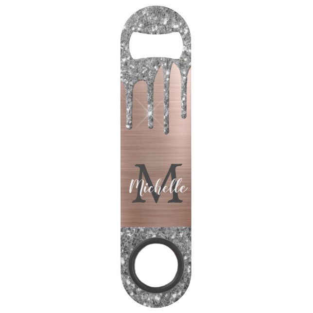 Stylish Silver Glitter Drips Rose Gold Monogrammed (Front)