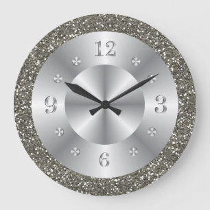Stylish Silver Glitter Metallic Gray Shiny Numbers Large Clock
