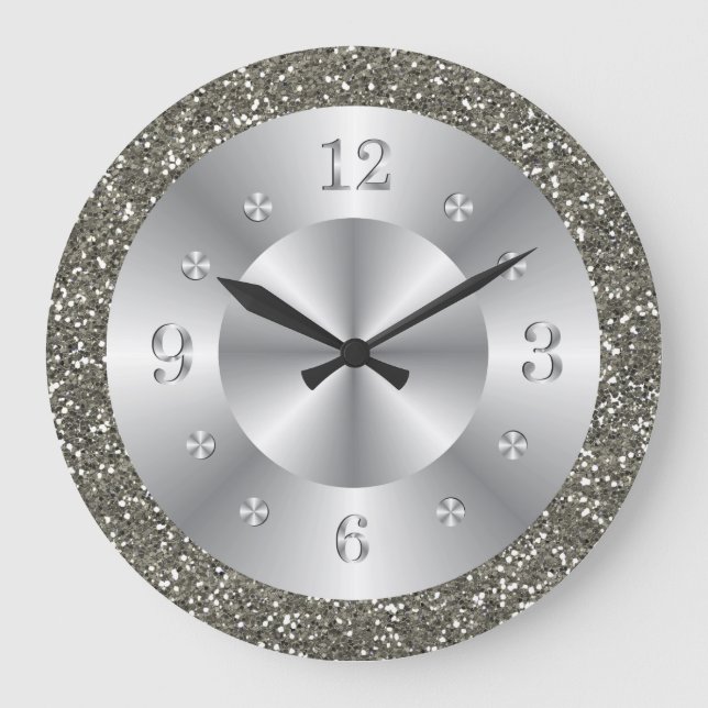 Stylish Silver Glitter Metallic Gray Shiny Numbers Large Clock (Front)