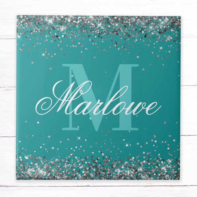 Stylish Silver Glitter Teal Monogram Ceramic Tile (Creator Uploaded)