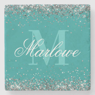Stylish Silver Glitter Teal Monogram Stone Coaster