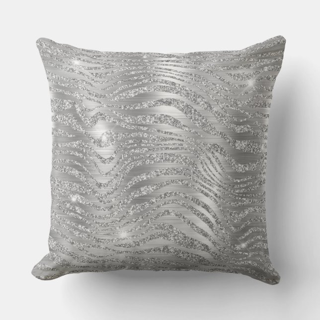 Stylish Silver Glitter Wild Zebra Stripes Pattern Cushion (Front)