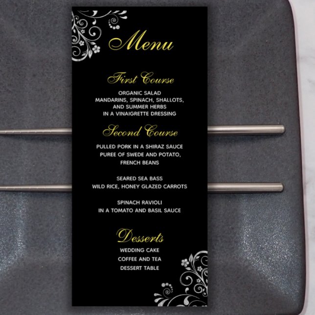 Stylish Silver Gold  on Black Wedding Menu (Creator Uploaded)