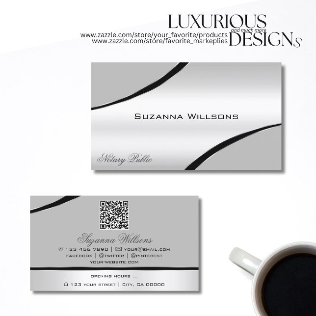Stylish Silver Grey Curved Decor Lines and QR Code Business Card (Creator Uploaded)