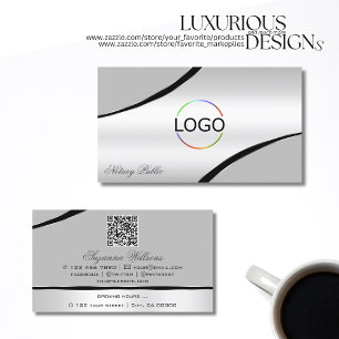 Stylish Silver Grey Curved Lines Logo and QR Code Business Card