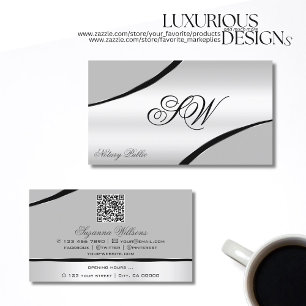 Stylish Silver Grey Curved Lines Monogram QR Code Business Card