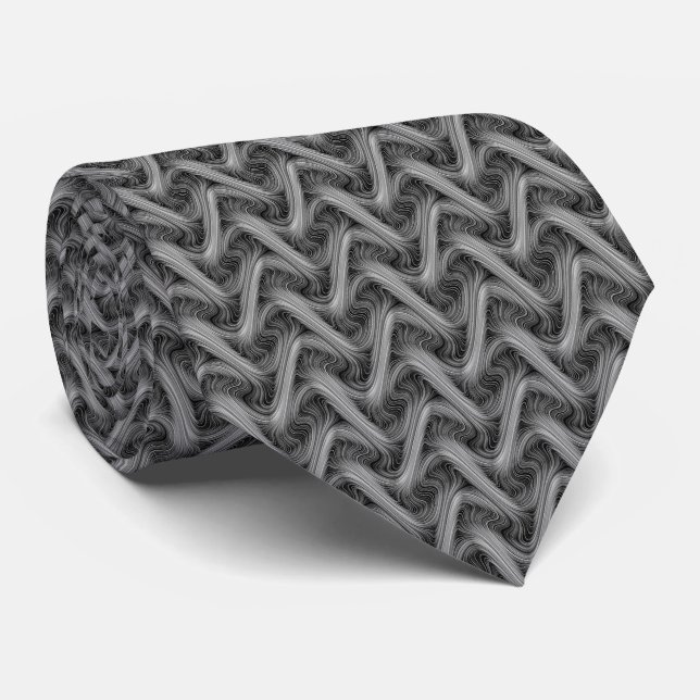 Stylish Silver Grey Grey Black While Curvy Lined Tie (Rolled)