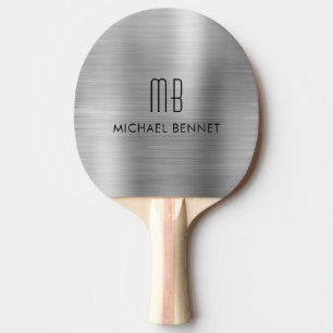 Stylish Silver Grey Metallic Monogram Name Ping Pong Paddle